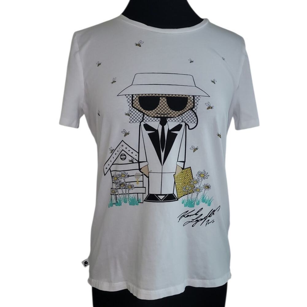Karl Lagerfeld Paris Bee Logo Tee White Medium Designer EUC